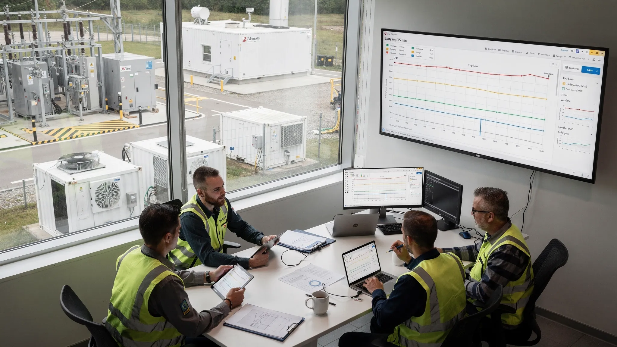 Industrieareal mit Mittelspannungsstation, Container-Batteriespeicher, BHKW und Leitwarte, auf Bildschirmen ein Lastgang-Dashboard mit 15‑Minuten‑Werten und aktiver Cap‑Linie, technisches Team diskutiert Schichtplan und Peak-Shaving‑Strategie.