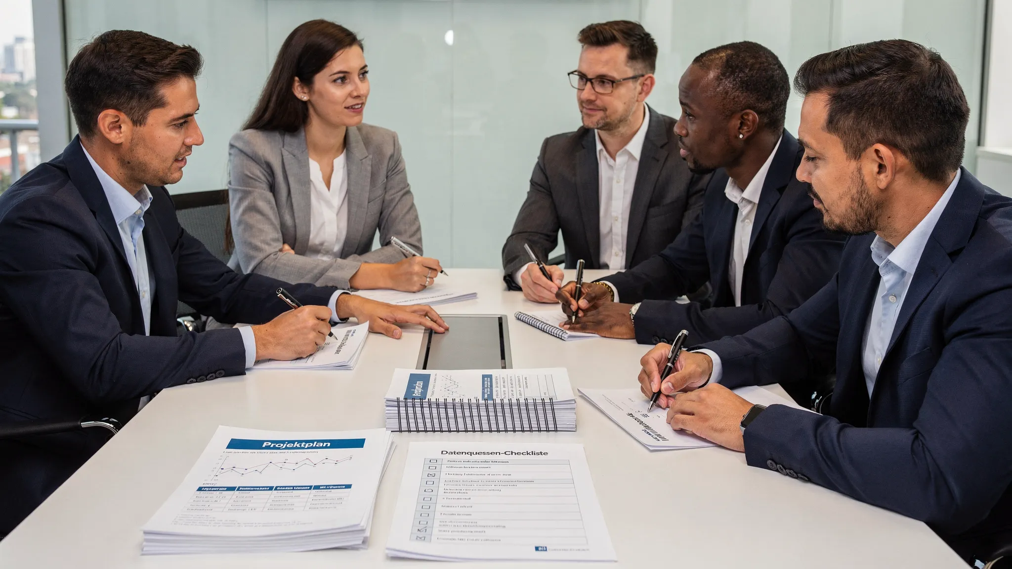 Ein Beratungsteam in einem Besprechungsraum mit ausgedrucktem Projektplan, Datenquellen-Checkliste und Risikolog auf dem Tisch, ohne sichtbare Bildschirme.