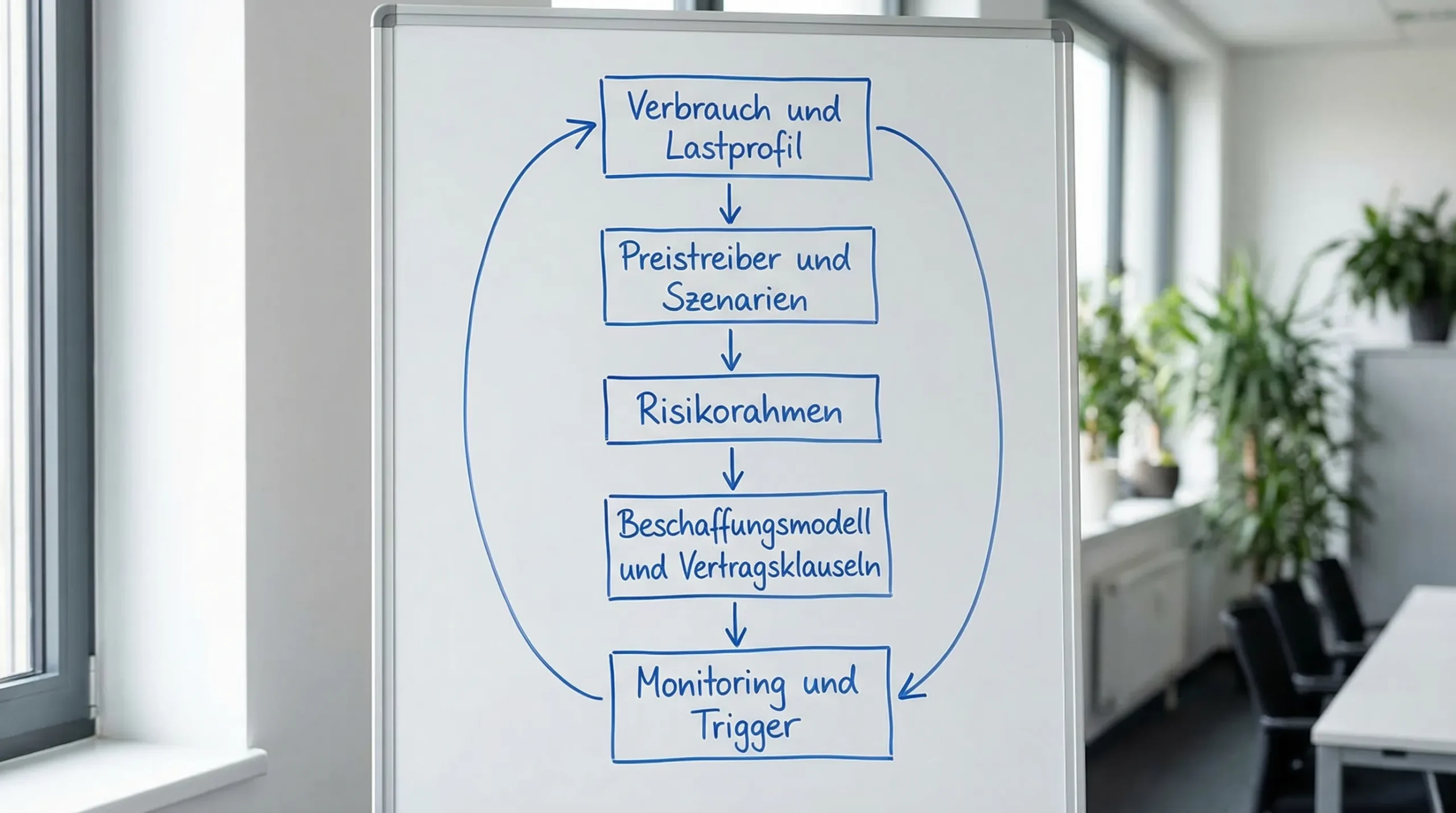 Ein einfaches Flussdiagramm mit fünf Boxen: 1) Verbrauch und Lastprofil, 2) Preistreiber und Szenarien, 3) Risikorahmen, 4) Beschaffungsmodell und Vertragsklauseln, 5) Monitoring und Trigger. Pfeile zeigen den Kreislauf als wiederholbaren Prozess.