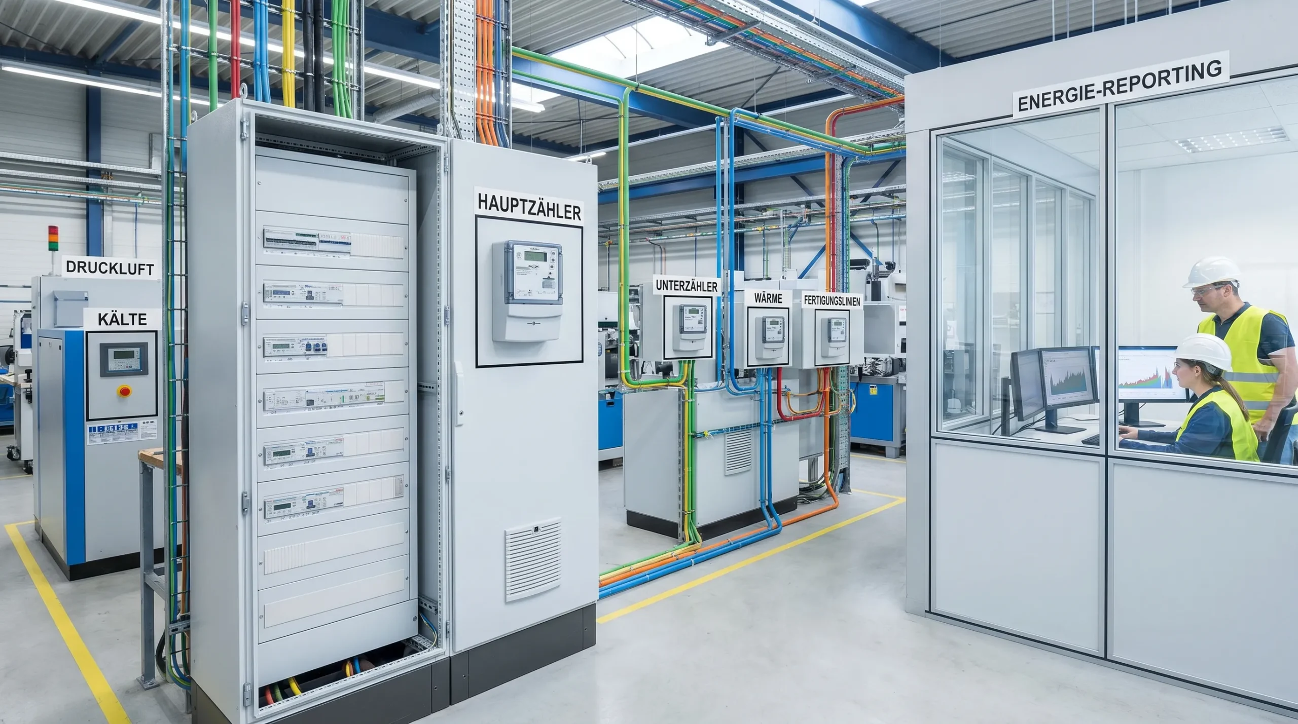 Ein Produktionsbetrieb mit Hauptzähler, Unterzählern an mehreren Anlagen, Energieflüssen zu Druckluft, Kälte, Wärme und Fertigungslinien sowie einem kleinen Energie-Reporting-Bereich für Verantwortliche.