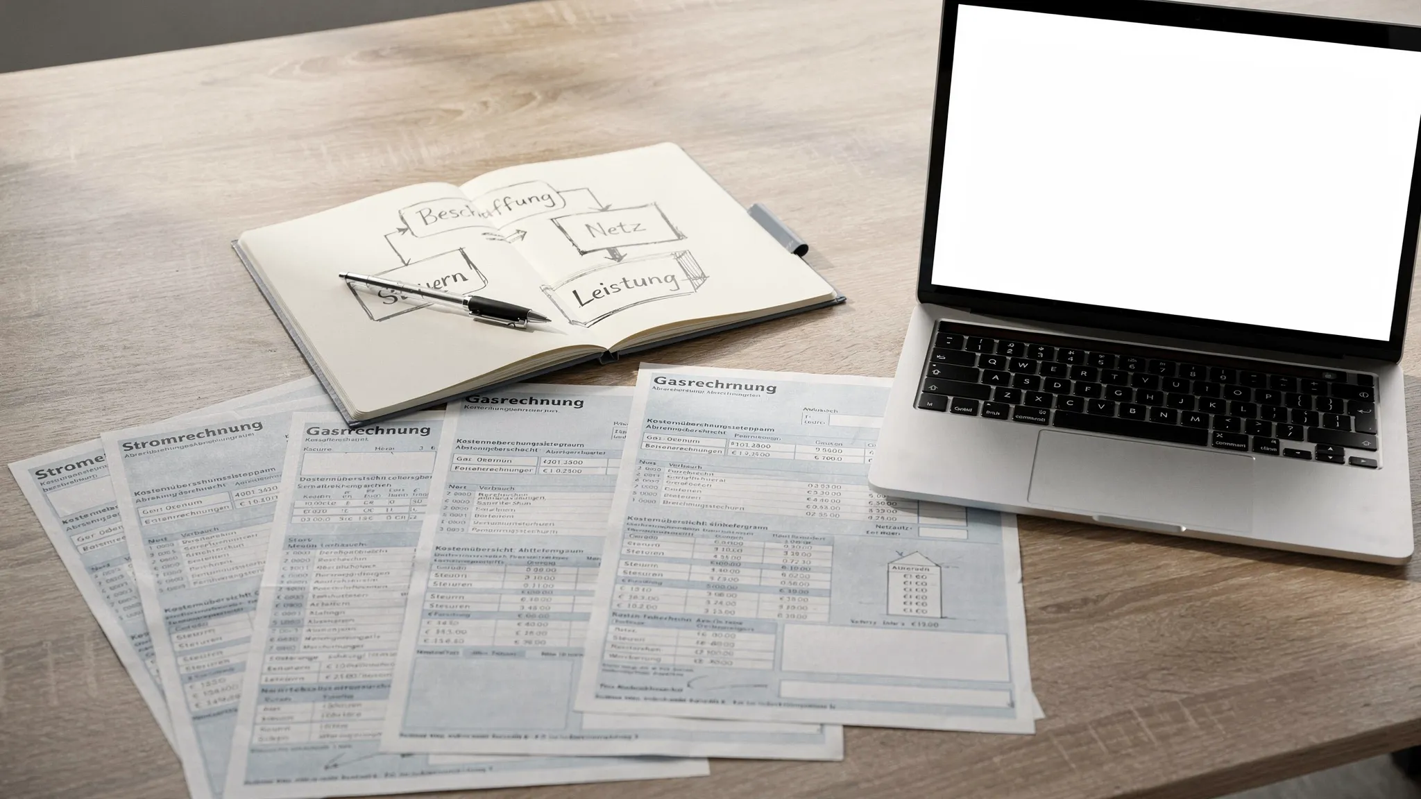 Ein Schreibtisch mit ausgebreiteten Strom- und Gasrechnungen, daneben ein Laptop (Bildschirm nach vorn gerichtet, leerer Bildschirm) und ein Notizblock mit einer handgezeichneten Kostenstruktur in Blöcken wie „Beschaffung“, „Netz“, „Steuern“, „Leistung“.