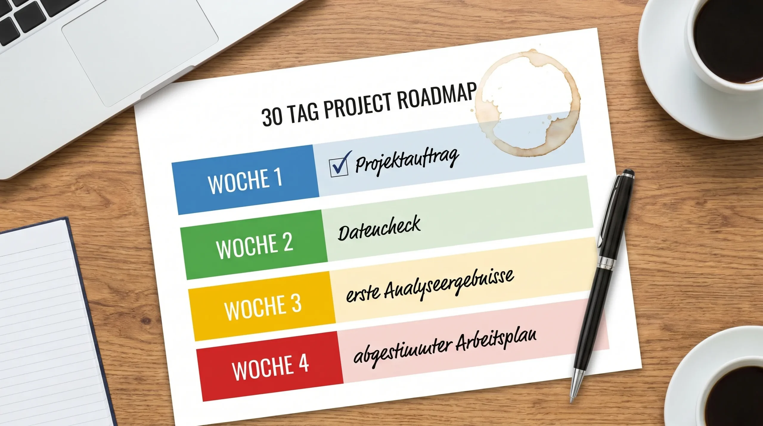 Eine klare 30-Tage-Roadmap in vier Wochenblöcken mit den Deliverables Projektauftrag, Datencheck, erste Analyseergebnisse und abgestimmter Arbeitsplan.