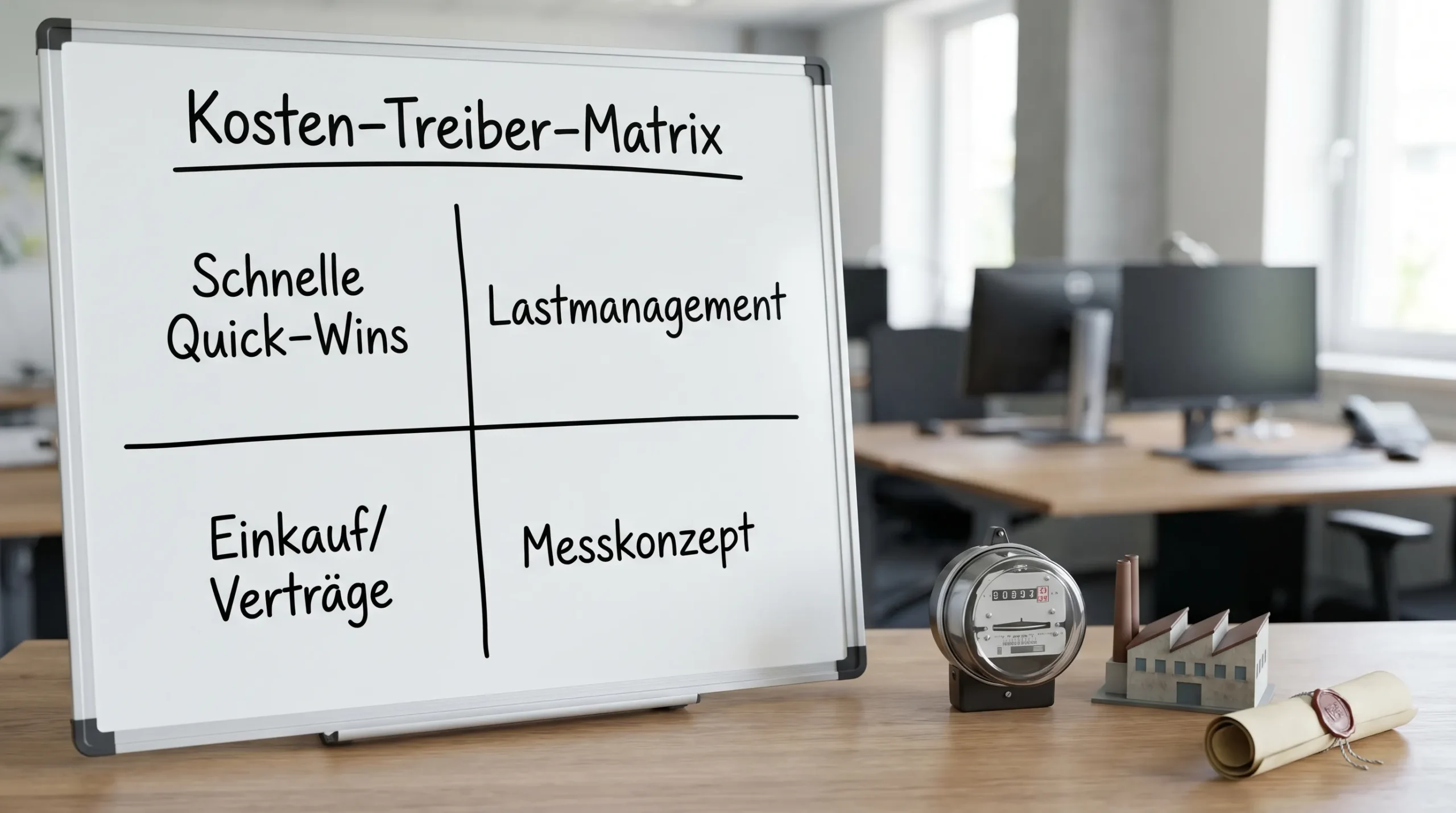Eine vereinfachte Grafik als „Kosten-Treiber-Matrix“ mit vier Feldern: „Schnelle Quick-Wins“, „Lastmanagement“, „Einkauf/Verträge“, „Messkonzept“, daneben Symbole für Zähler, Fabrik und Vertrag.