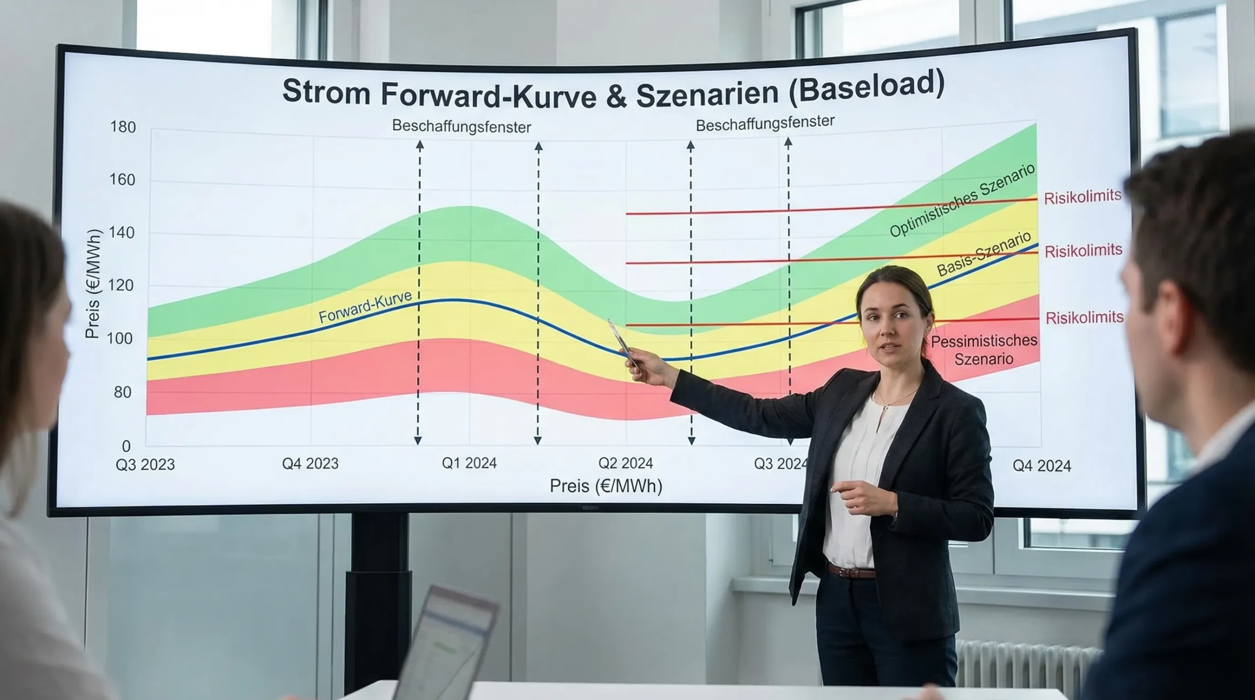 Grafik mit einer Forward-Kurve für Strom (Baseload) über mehrere Quartale sowie einem darübergelegten Szenario-Band (optimistisch, Basis, pessimistisch). Die Grafik zeigt außerdem, dass Unternehmen Beschaffungsfenster und Risikolimits entlang der Kurve definieren.