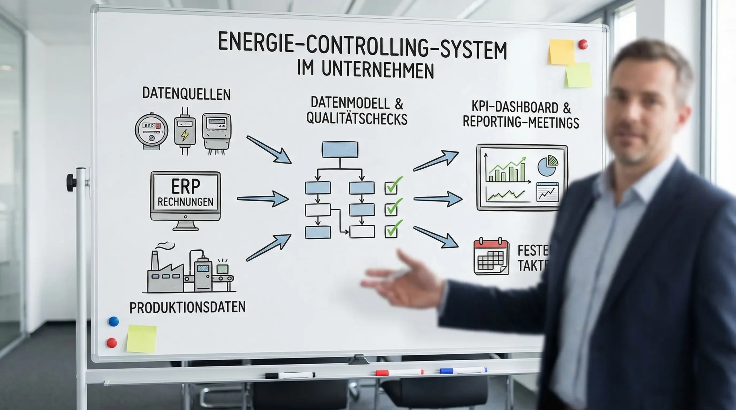Schematische Darstellung eines Energie-Controlling-Systems im Unternehmen: links Datenquellen wie Zähler/Lastgänge, ERP-Rechnungen und Produktionsdaten, in der Mitte Datenmodell und Qualitätschecks, rechts KPI-Dashboard und Reporting-Meetings mit festen Takten.