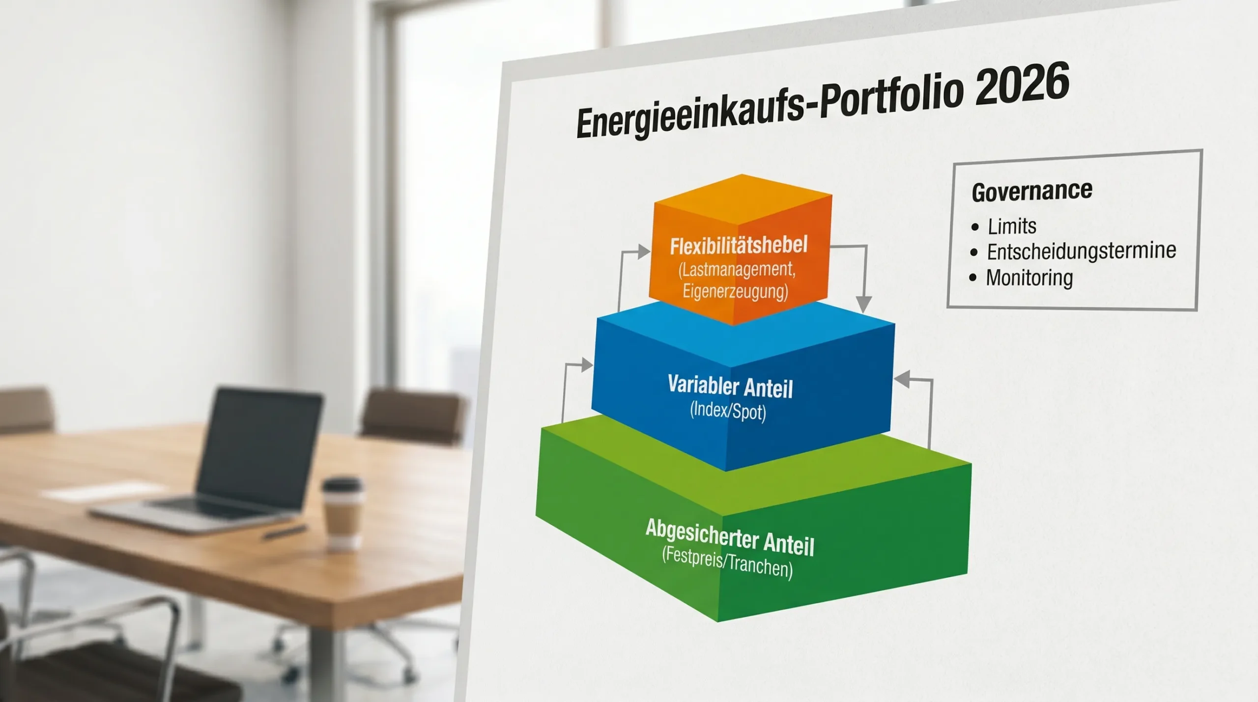 Schematische Darstellung eines Energieeinkaufs-Portfolios 2026 mit drei Bausteinen: abgesicherter Anteil (Festpreis/Tranchen), variabler Anteil (Index/Spot) und Flexibilitätshebel (Lastmanagement, Eigenerzeugung). Daneben eine kleine Box mit Governance-Elementen: Limits, Entscheidungstermine, Monitoring.