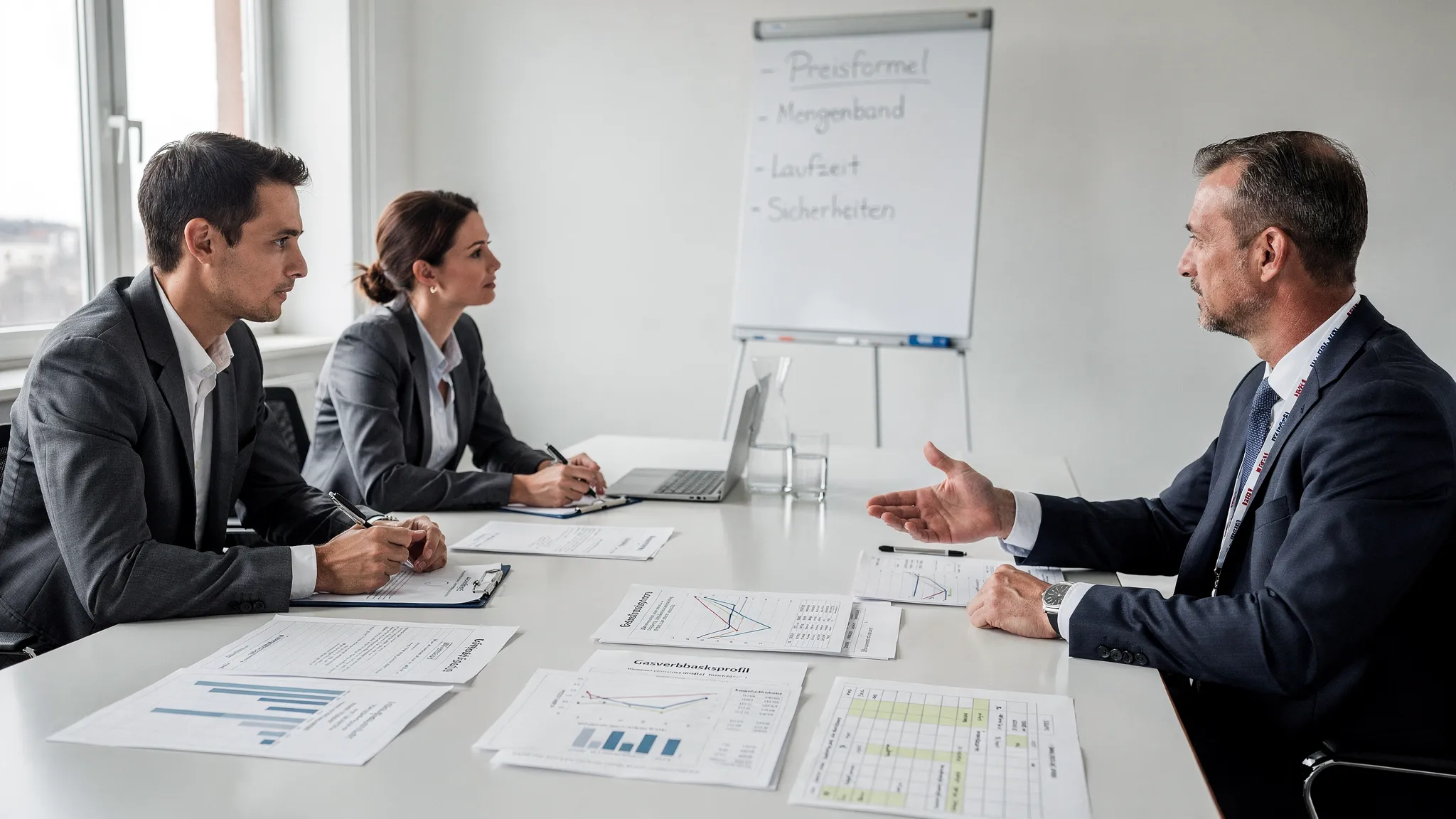 Verhandlungsszene in einem Besprechungsraum: zwei Unternehmensvertreter und ein Energieanbieter sitzen an einem Tisch, auf dem Ausdrucke mit Gasverbrauchsprofilen, Vertragsklauseln und eine Angebotsmatrix liegen. Im Hintergrund ein Flipchart mit den Punkten Preisformel, Mengenband, Laufzeit und Sicherheiten.