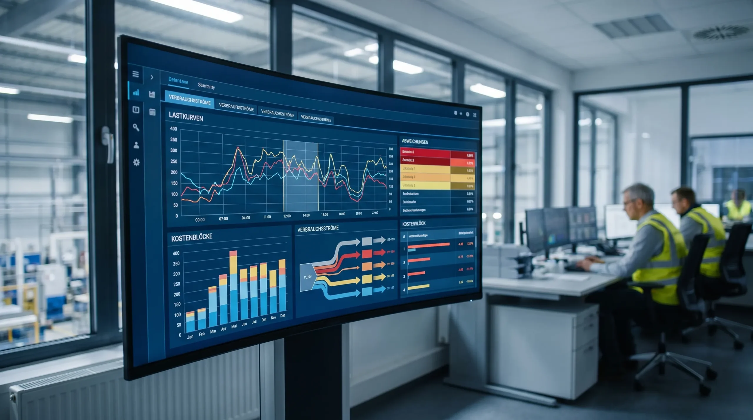 Abstrakte Visualisierung von Energiedaten in einem Industrieunternehmen mit Lastkurven, Verbrauchsströmen, Kostenblöcken und farblich markierten Abweichungen auf einer übersichtlichen digitalen Oberfläche.
