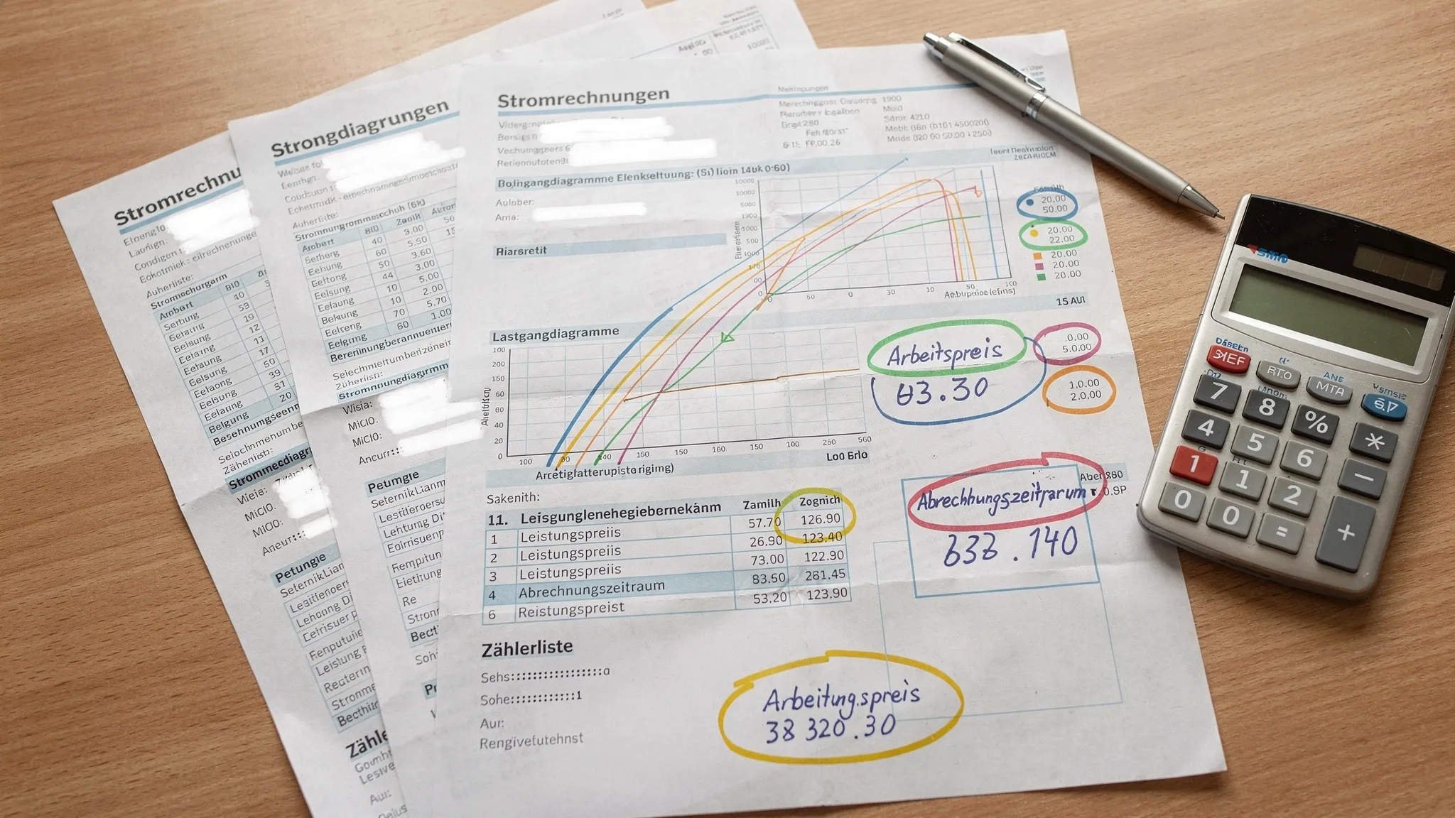 Ausgedruckte Stromrechnungen, Lastgangdiagramme und eine Zählerliste liegen auf einem Schreibtisch, daneben markierte Zahlen zu Arbeitspreis, Leistungspreis und Abrechnungszeitraum.
