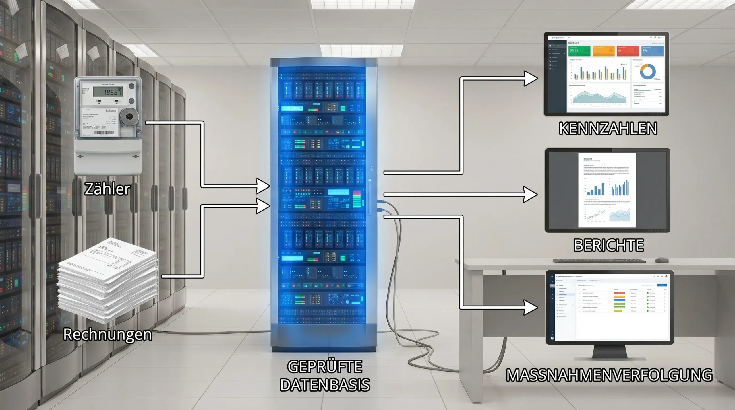 Ein einfacher Datenfluss für automatisiertes Energie-Reporting: Zähler und Rechnungen führen in eine geprüfte Datenbasis, daraus entstehen Kennzahlen, Berichte und Maßnahmenverfolgung.