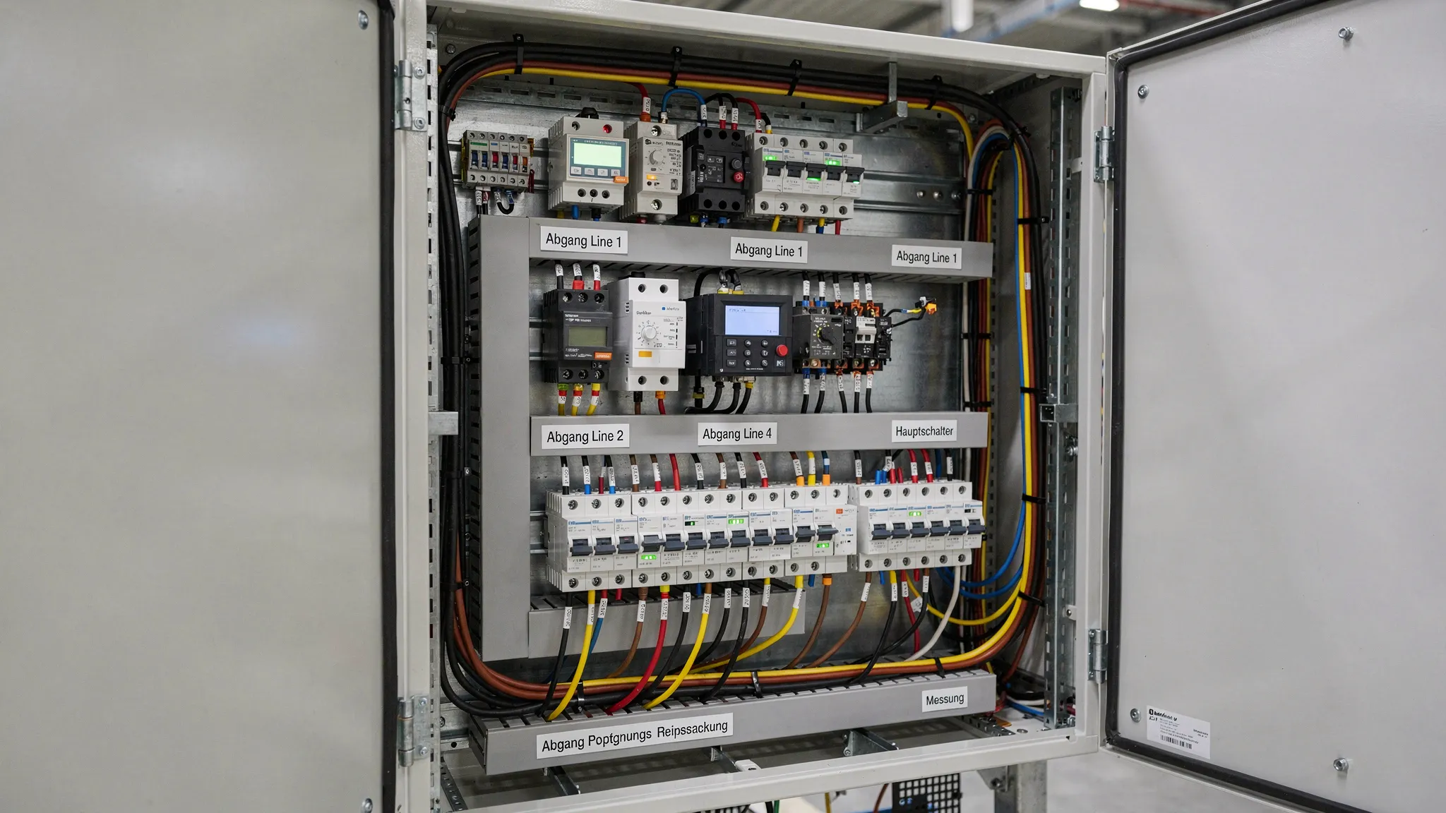 Ein Schaltschrank in einer industriellen Elektroverteilung mit Blindleistungskompensation, Messgeräten und beschrifteten Abgängen für Produktionsanlagen.